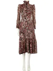 Leopard Print Silk Ruffle Accent Midi Dress