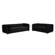 3+2 Seater Sofa Classic Button Tufted Lounge in Black / Grey Velvet Fabric with Metal Legs