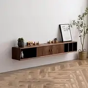 tv Stand Unit Walnut Wood Wall Mounted Floating TV Cabinet with Doors and Open Storage Shelves TV Console Table Hanging Entertainment Media Cabinets Living Room Furniture(Medium)