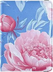 [Amooorous] Retro Peonies Flower Blue and Pink Leather decorative waterproof passport holder Wallet Combo Passport Cover Holder Wallet Case Lightweight, Retro peonies flower Blue and pink, 1 size