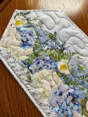 Handcrafted-Quilted Table Runner 2025 NEW-Blooming Beauties, Blue & White Flower
