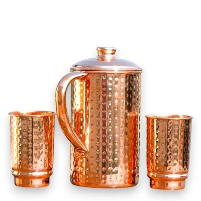 Pure Copper Hammered Water Jug With 2 Tumblers Set - Pitcher Holds 50.7 US Fl...