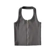Halter Zip-Up Open Back Ribbed Plain Crop Top Gray - S