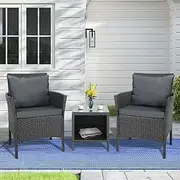 ALFORDSON Outdoor Patio Furniture 3pcs Conversation Set with Back Pillows, Wicker 3 Pieces Lounge Chair & Glass Coffee Table Setting, Steel Frame Garden Rattan Sofa with Seat Cushions, Dark Grey