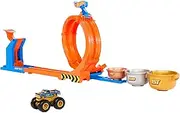 Hot Wheels Monster Trucks Toy Truck & Track Set, Loop-and-Flip Trophy Challenge Playset & 1:64 Scale 50th Anniversary Die-Cast Bigfoot, 2 Ways to Play