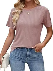 [TAKEYAL] Women's Short Sleeve Summer Shirts Trendy Crew Neck Pit Stripe T Shirts Casual Textured Tops Basic Plain Tee Blouses, Pink, XXL