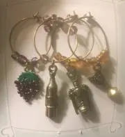 Wine Theme~Wine Glass Charms~Set of 4: Corkscrew, Barrel, Grapes, Glass~Beaded