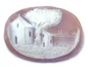 NOS Antique Hand Carved Oval Shell CAMEO Stone House & Tree Scene #N444