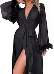 [Generic] Sexy Black Feather Trim Lace Robe – Sheer Long Sleeve Kimono with Belt, Seductive Nightwear, Bridal Lingerie, Erotic Sleepwear for Women