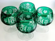 Marsala EMERALD GREEN Cut to Clear Crystal Brandy Snifter INHALER Set of 4