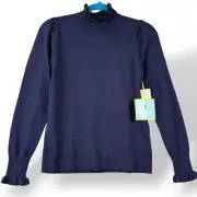 Cece Sweater Womens Sz M Classic Navy Ruffle Trim Mock Neck Pullover Academia NW