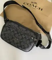 Coach Elias Belt Bag In Signature Black Canvas Gunmetal NWT CW314