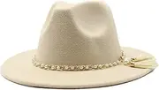 [Dcvmvmn] Men and Women Classic Fedora Hat with Pearl Tassel Chain Woolen Jazz Hat Big Brim Hat Flat Panama Hat, 018, One Size