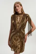 Embellished Beaded Cap Sleeve Woven Mini Dress