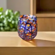 Hand-Blown Stemless Wine Glass | Orange & Blue Swirl Mexican Glassware