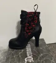 Demonia Crypto-51 Black Ankle Boots Black Vegan Leather With Red Lace Size 7