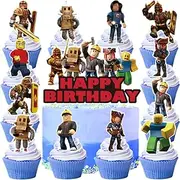 YGCHEN Cake Decoration for Roblox Cupcake Topper, Robot Birthday Cake Decoration, Video Game Cake Decoration, Happy Birthday Cake Topper, Children's Birthday Cake Decoration, Pack of 26