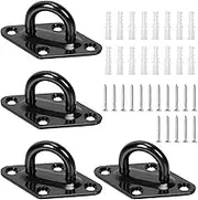 Swpeet 4Pcs M5 304 Stainless Steel Black Rhombus Pad Eye Plate Hook with Screws and Plastic Anchors Assortment Kit, Marine Hardware Hooks Ceiling U Hook Staple Ring Hook for Securing Hanging