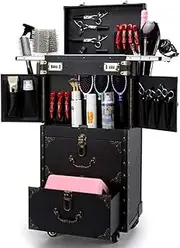 ASCASE Rolling Lockable Makeup Train Case Hairdressing Trolley Stylist Beauty Salon Cosmetic Luggage Travel Organizer Tool Box with Hair Dryer Holder