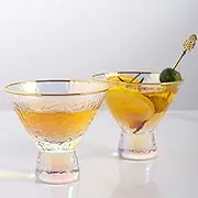 Lysenn Iridescent Stemless Martini Glasses Set of 2 - Premium Hammered Cocktail Glasses for Weddings, Anniversary, Christmas, Party - 7.7oz Gold Rim