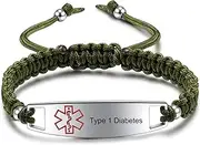 [JF.JEWELRY] Pre-Engraving Type 1 Diabetes Medical Alert ID Bracelet for Kids Nylon Braided Bracelet, 6-8 inches