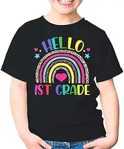 [SDVN] Hello 1st Grade Leopard Boho Rainbow 1st Day of School First Grade Back to School Unisex Kids Shirt Youth T-Shirt (Black;XL)