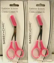 2) PINK SASSY + CHIC EYEBROW SCISSORS WITH COMB **FAST SHIP!