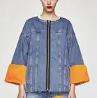 ZARA DENIM OVERSIZED PANELED Jacket WOMENS FAUX FUR CUFFS RAW HEM ZIP XSMALL