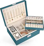 Benxdara Jewellery Box Organiser for Women Girls, 2 Layers Large Jewelry Storage Case with Removable Tray, PU Leather Lockable Jewellery Boxes Holder for Rings Earrings Necklace Bracelets Watch, Green