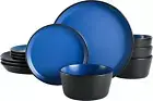 Sofia Coupe Stoneware Dinnerware Set, Service for 4 (12Pcs), Matte Blue