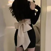 Long-Sleeve Cold Shoulder Plain Bow Back Mini Bodycon Dress Black - S