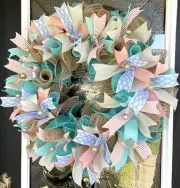 Aqua & Coral Beach Spring Summer Fall Deco Mesh Wreath, Farmhouse Cottage Decor