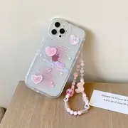 Heart Transparent Phone Case - iPhone X / XS / XR / XS Max / 11 / 11 Pro / 11 Pro Max / 12 / 12 mini / 12 Pro / 12 Pro Max / 13 / 12 mini / 12 Pro / 12 Pro Max / 13 / 13 Pro / 13 Pro Max / 14 / 14 Pro / 14 Pro Max / 14 Plus Heart Transparent Phone Case With Hand Chain - Pink - iPhone 12 Pro