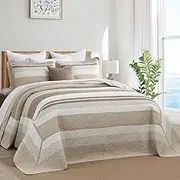 SahSahCasa 120"x120" 100% Cotton Oversized California King Bedspread Coverlet Striped Quilt Set, Cal King Quilted Bedspread Extra Large Quilt, XL Bed Spread Lightweight Comforter, Brown/Camel/Cream