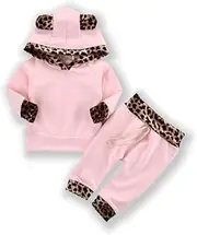 [Generic] Adorable Pink Leopard Print Baby Hoodie & Pants Set – Unisex Newborn Outfit (0-12M)