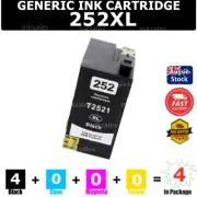 4x Generic 252XL 252 XL Ink Cartridge Black For Epson Workforce WF3620 WF3640