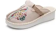 GHAKKE Women's Ethnic Style Flower Embroidery Shoes Chinese Retro Traditional Cloth Shoes Summer Casual Platform Mule Shoes Comfort Round Toe Slippers(White-02,4.5)
