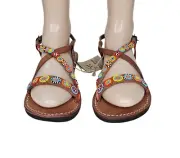 GLOBAL GIRLS NWT $150 Boca Beaded Leather Ankle Strap Flat Sandal 40 / 10 US