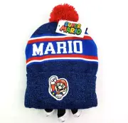 Nintendo Super Mario Bioworld Boys Size L/XL Blue Knit Pom Beanie Hat Gloves Set
