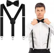 [AOOWU] Bow Tie and Suspender Set for Men Women, Solid Color Bow Ties Mens Suspenders Y Shape with Clips On Adjustable Brace
