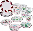 Festive 16-Piece Christmas-Themed Stoneware Dinnerware Set - Green/Red
