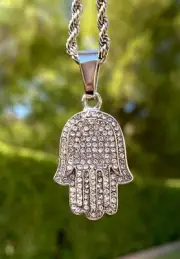 Silver Hamsa Hand Pendant Necklace Sparkling Stones - Elegant Spiritual Jewelry