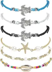 [Suyi] 5Pcs Beach Turtle Anklet Boho Handmade Adjustable Anklet Layered Rope Anklet Foot Chain for Women