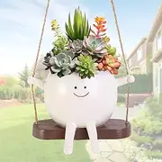 AUNGCSHE Hanging Flower Pots with Swing Face, Flower Pot with Smiley Hanging, Flower Pot with Smiley Face Resin Planters for Indoor Outdoor Decorations (White Single)