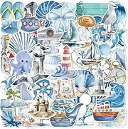 Funny Ocean Stickers, 50PCS Boys Girls Teenagers Beach Blue Sticker Set, Vinyl Waterproof Kawaii Sea Creature Stickers for Books Journals Stationery Luggage