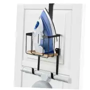 Wall Mount/Over The Door Ironing Board Holder with Large Storage Basket, Black