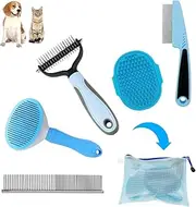 5PCS Professional Dog Grooming Kit - Includes Slicker Brush for Shedding, Dematting Comb, Flea Comb, Puppy Brush & Soft Bristle Brush for Dogs & Cats, Pet Hair Removal & Detangling Tool Set（Blue）