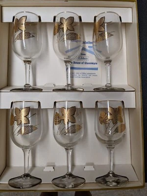 Libby 6 clear stem wine glasses with gold leaves & gold rim_Vintage_New in box