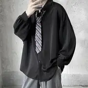Long-Sleeve Plain Draped Shirt Black - L