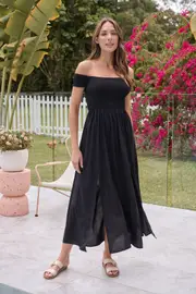 Bianca Shirred off Shouder Black Maxi